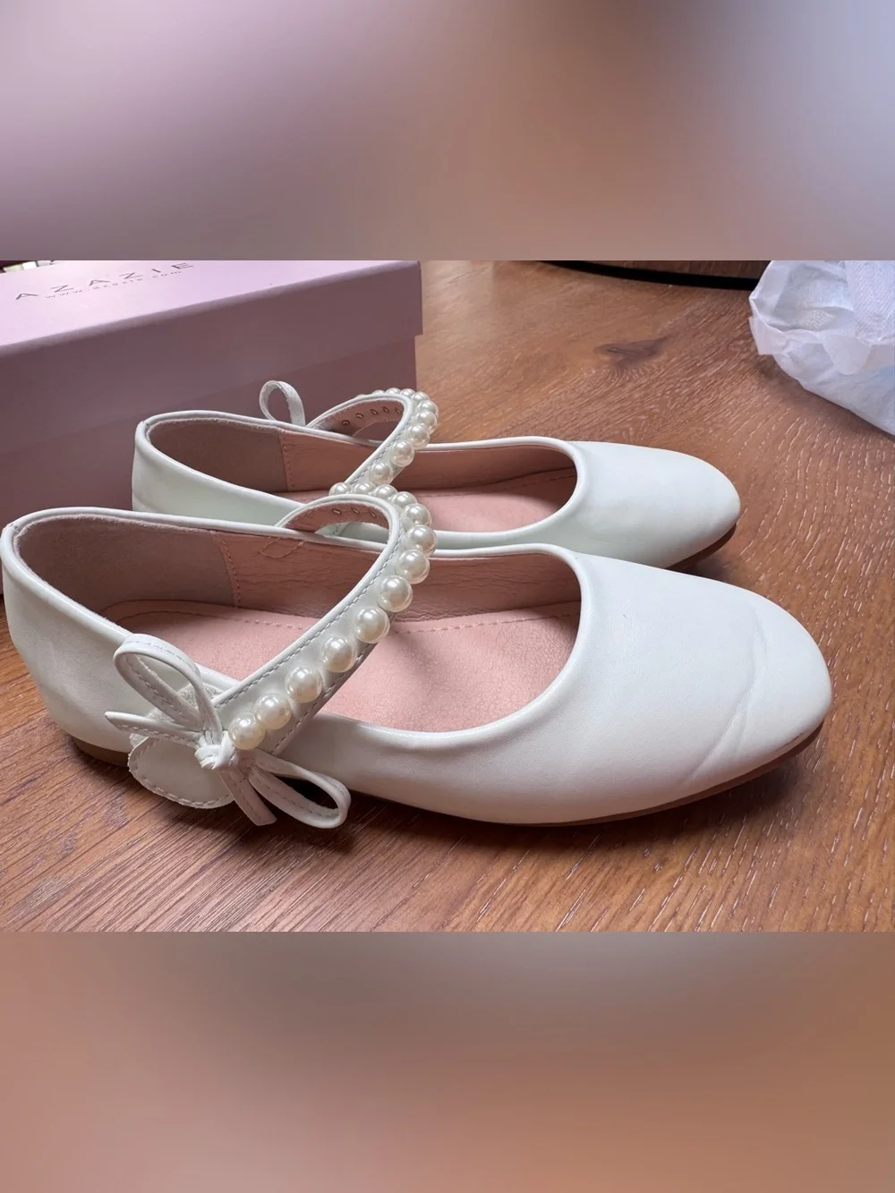 Azazie Girls White Pearl-Accent Mary Jane Flats